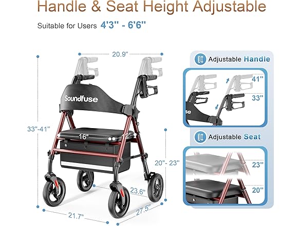 Soundfuse Rollator Walkers with Seat for Seniors, Foldable 8 (Open Box)