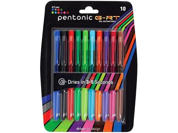 Pentonic G-RT Retractable Gel Pens, 10 Colors