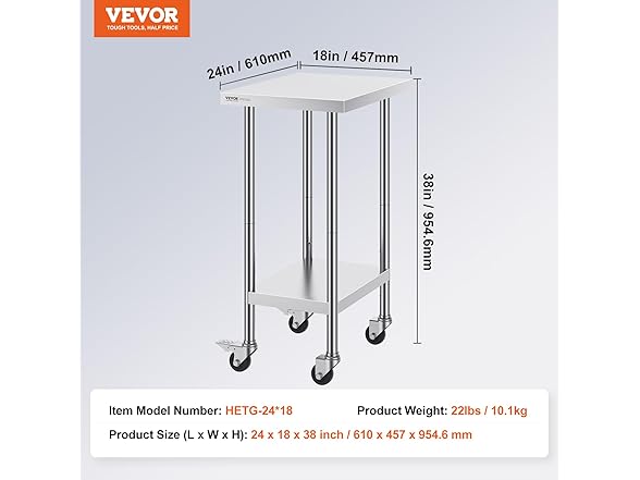 VEVOR Stainless Steel Work Table 24 x 18 x 38 Inch