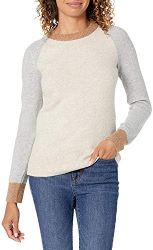 Amazon Essentials Women's Regular-Fit Soft Touch Long-Sleeve Crewneck Sweater, Grey Oatmeal Heather Color Block, Medium
