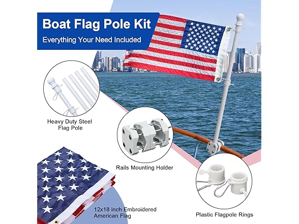 Boat Flag Pole 6FT w/US Flag White