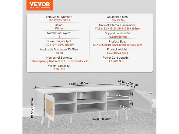 Rattan TV Stand for 65 inch TV, Boho TV Stand