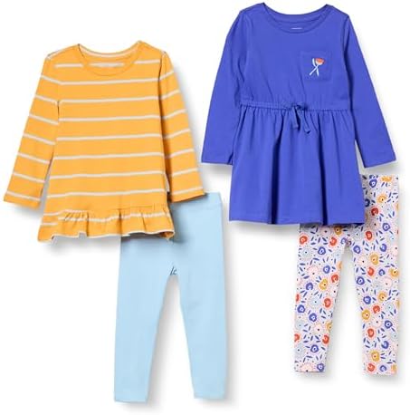 Amazon Essentials Girls' Long-Sleeve Outfit Set, Pack of 4, Blue/Sky Blue/White Floral/Yellow Stripe, Large