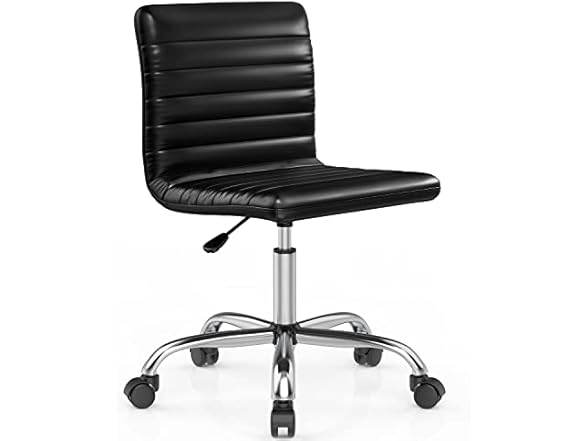 SMUG Armless Office Chair Leather Swivel Task Chair Mid Back Ribbed Home Office White Desk Chair for Adult Child, Vanity Chair, Black