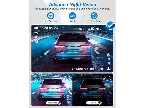 BAEASU 3-Ch 2.5K+1440P Dash Cam w/ 32GB