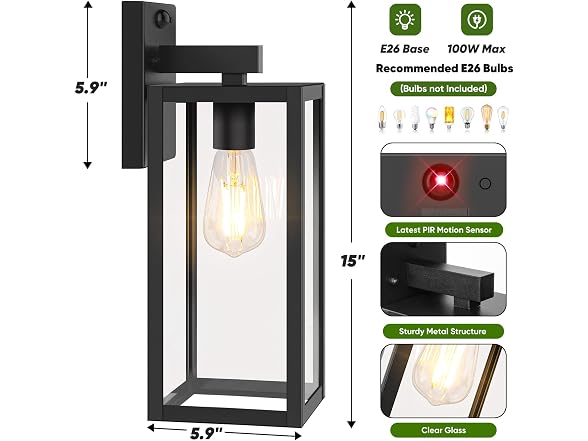 BesLowe 15" Upgraded Motion Sensor Outdoor Wall Light