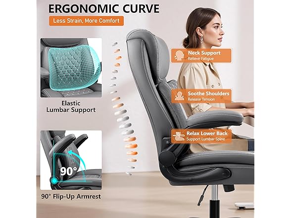 BESTFAIR Office Chair, Executive Computer Desk Chair with Lumbar Support for Lower Back Pain Relief, Ergonomic Leather Home Chair Comfy with Padded Flip-up Arms and Adjustable Armrests, Gray (Open Box)