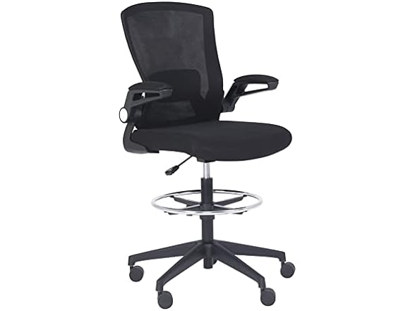 Amazon Basics Mid-back Mesh Office Drafting Chair Stool with Adjustable Footrest, Flip-Up Arms, Black