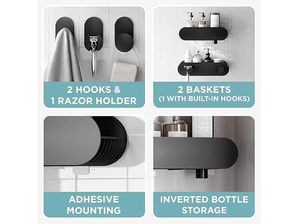 Zenna Home Adhesive Shower Caddy Baskets and Hook Set