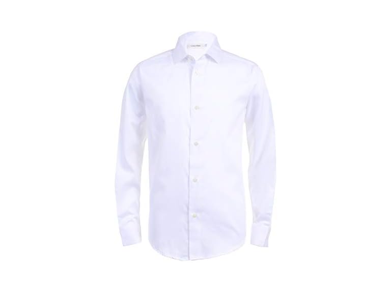 Calvin Klein Boys' Long Sleeve Sateen Dress Shirt, Button-Down Style with Buttoned Cuffs & Shirttail Hem, White, 8 Husky