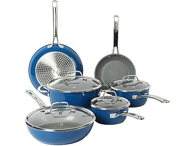 $61.99, Was $139.99, 55% Off! Sur La Table 10 Piece Titanium Ceramic Nonstick Set, Blue dealfomo