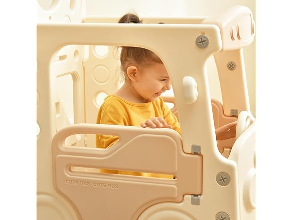 SPOFLYINN Toddler Slide Swing Set with Bus Beige