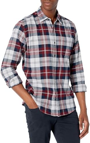 Amazon Essentials Men's L/S Flannel Shirt , Burgundy Grey Plaid, Large
