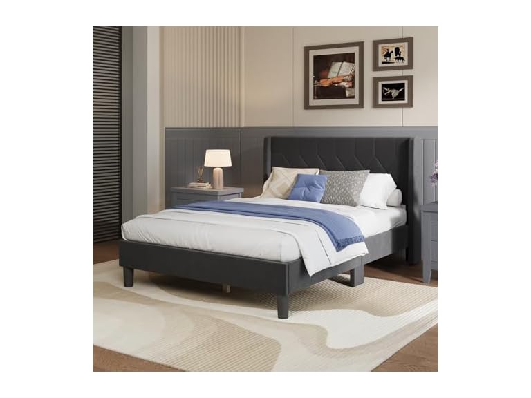 Avenco Queen Size Bed Frame, Upholstered, Black Velvet