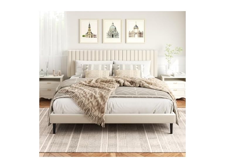 King Platform Bed, Velvet Headboard