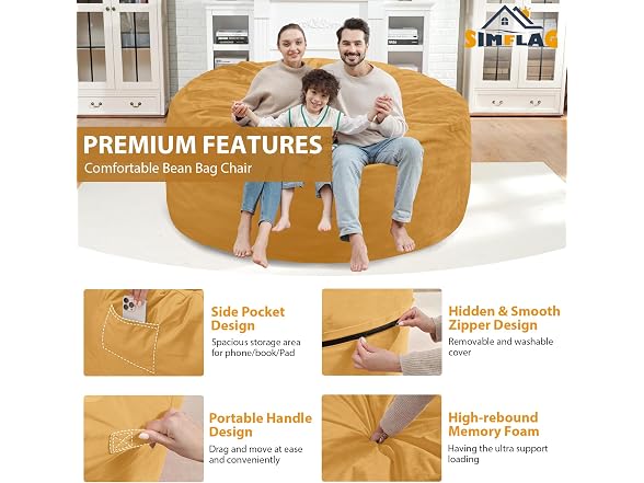 SIMFLAG 5ft Bean Bag Chair Mustard Color - Gallery 5