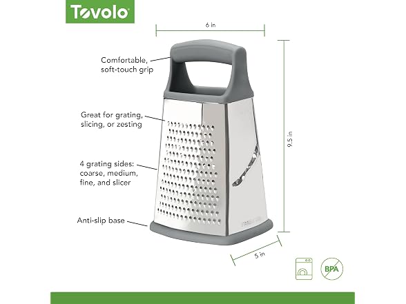 Tovolo Box Grater 4 Sided Large Stainless Steel Cheese Grater Charcoal Gray
