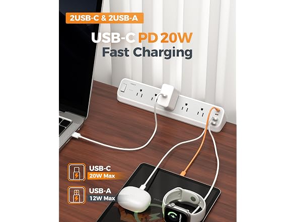 TESSAN 2100J Desk Clamp Power Strip 10ft Cord (5 Outlets, 4 USB)