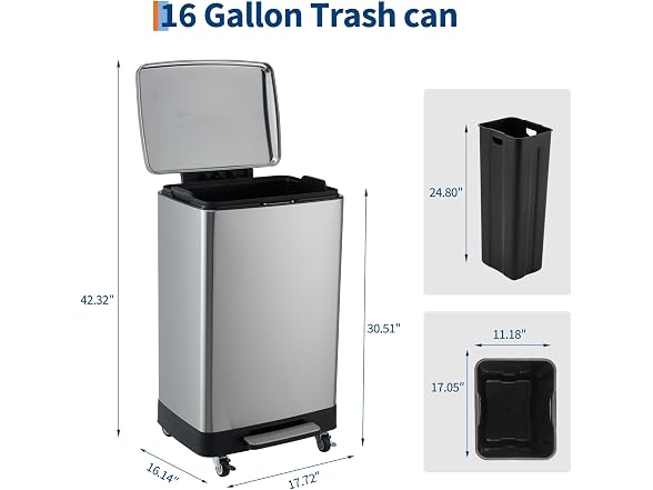 OUTLANE 60L Slim Stainless Steel Kitchen Trash Can