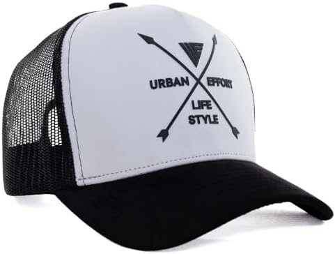 Urban Effort Mesh Back Cap - For men and Women Baseball Hat 5-Panel Trucker Hat - Great Snapback Closure for Hunting & Hiking, Black/White