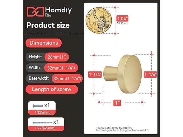 homdiy Gold Cabinet Knobs, 10 Pack