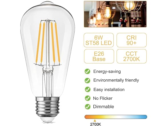 LED Light Bulbs Edison dimmable Bulbs (2700k Warm White, 6-Pack)
