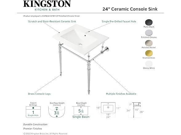 Kingston Brass 24" Ceramic Console Sink, White/Brushed Brass