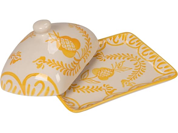 Creative Co-Op Stoneware Butter Dish with Botanical Design, Yellow and White