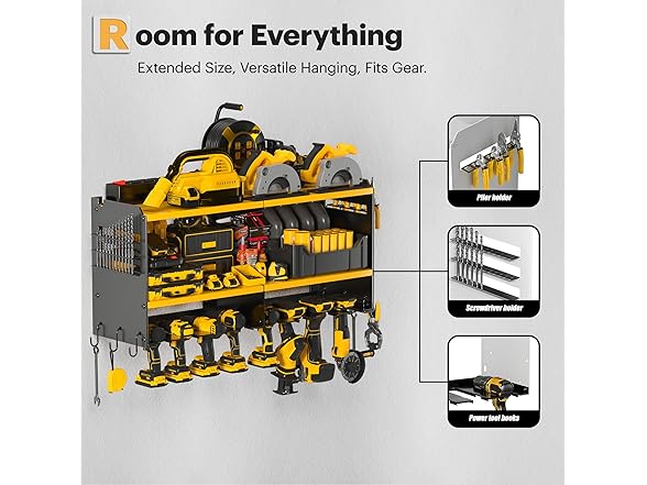 Spampur Power Tool Organizer Wall Mount 15 Min Assembly & Maximum 420lb Load by Heavy Duty Metal, 8 Slots for Cordless Drill, Tool Holder with 6 Outlet Power Strip (Open Box)