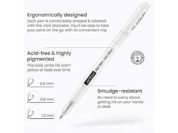ARTEZA White Gel Pens, Pack of 3, White Rollerball