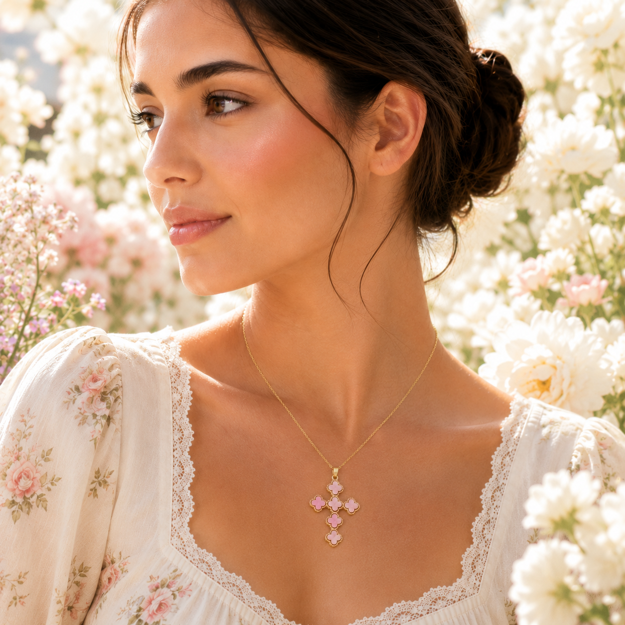 Gold Plated Pink Clover Cross Pendant - Gallery 7