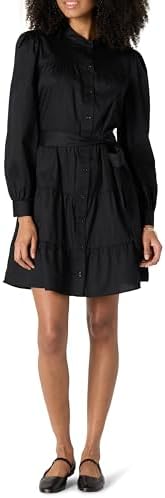 Amazon Essentials Women's Regular-Fit Cotton Sateen Tiered Shirt Dress, Black, Large