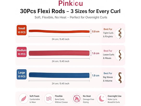 Pinkiou Flexi Rods Heatless Curlers 30 Count