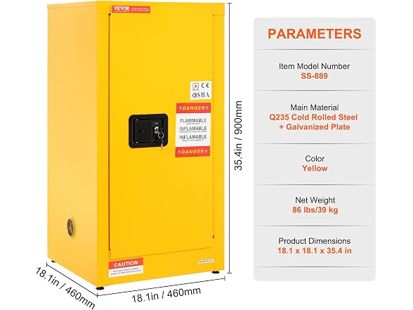 Flammable Safety Cabinet, 16 Gal, Cold-Rolled
