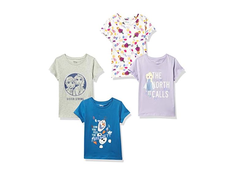 Amazon Essentials Disney | Marvel | Star Wars | Frozen | Princess Girls' Short-Sleeve T-Shirts, Pack of 4, Grey/Purple/Blue/Frozen 2 Stronger Together, Small