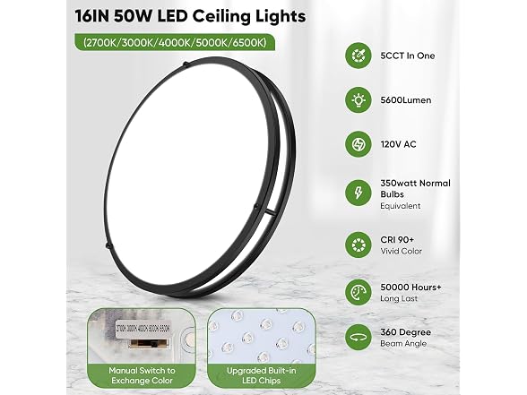TOBUSA 50W 5600lm Bright LED Ceiling Lights Matte Black, 2 Pack