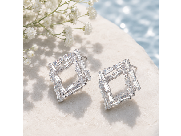 Silver Twisted Square CZ Stud Earrings