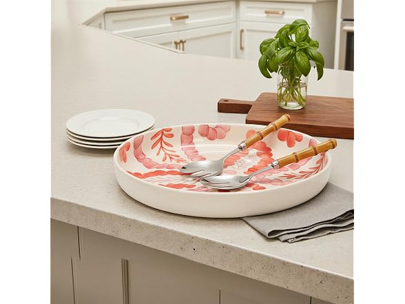 Creative Co-Op Hand-Painted Stoneware Low Bowl with Botanical Design, Multicolor
