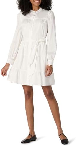 Amazon Essentials Women's Regular-Fit Cotton Sateen Tiered Shirt Dress, White, Medium