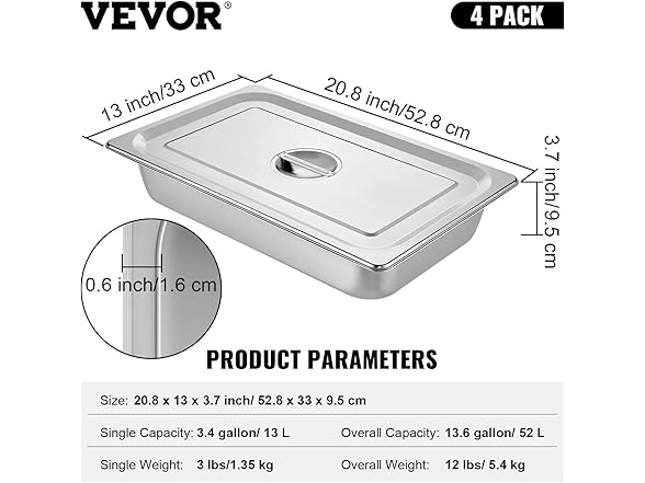 VEVOR 4 Pack Steam Table Pans 20.9 x 12.8 x 3.9 Inch Deep Steam Table
