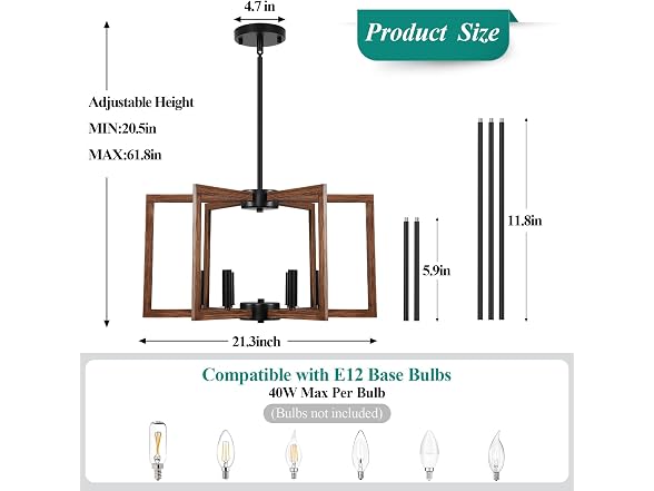 Bairth Adjustable Wood Grain Kitchen Chandelier