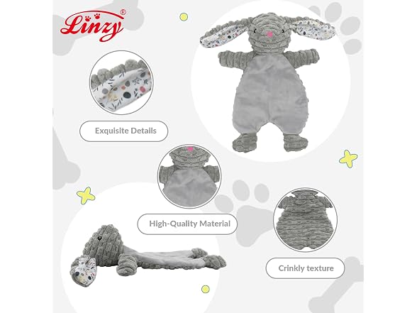 Linzy Plush Gray Bunny Dog Toy, Soft Squeaky