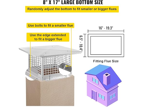 Chimney Cap, 8\" x 17\" Flue Caps, 304 Stainless