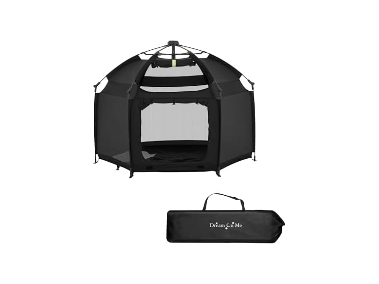 Dream On Me Pop Up Children Playpen in Noir Black, Easy Set Up Playpen for Babies and Toddlers, Breathable Mesh Sides, One Hand Easy Fold Baby Playpen, Travel Bag Included