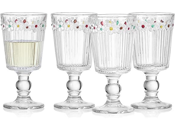 Darbie Angell Painted Daisy Tall Goblet Glasses Set of 4