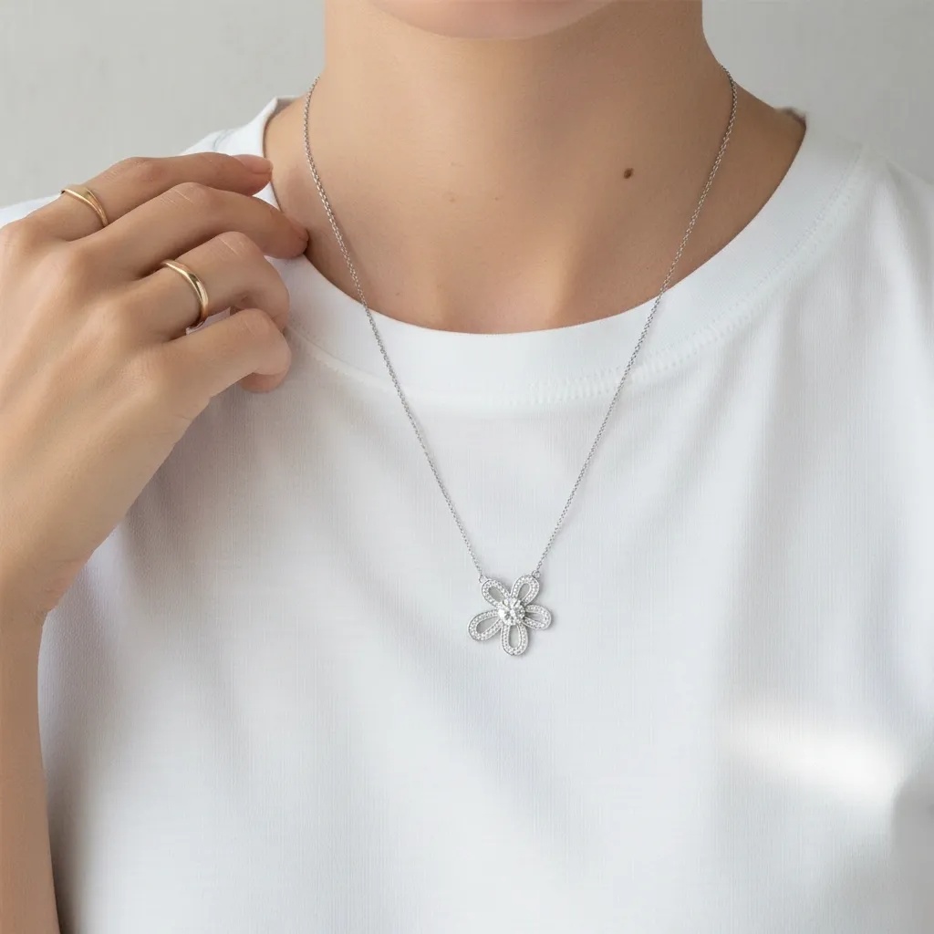 Moissanite Diamond Flower Necklace - Gallery 6