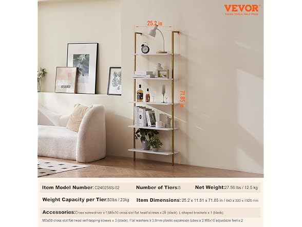 Ladder Shelf, 5-Tier Bookshelf 24x11.8in White
