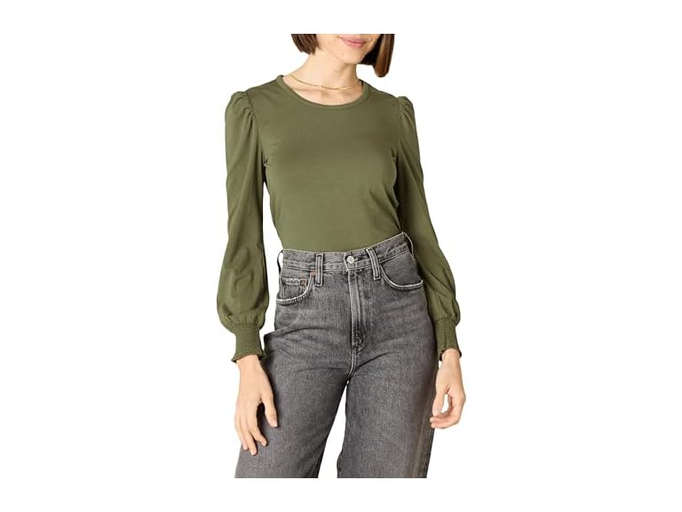 Amazon Essentials Women's Long-Sleeve Crewneck Smocked Cuff T-Shirt, Olive, Large