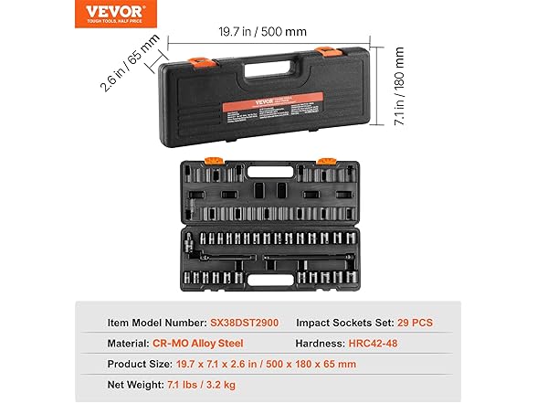 VEVOR 29 Piece Shallow 3/8" Drive Impact Socket Set