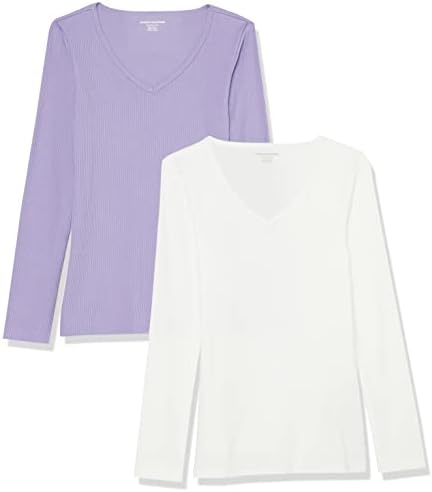 Amazon Essentials Women's Slim-Fit Layering Long Sleeve Knit Rib V-Neck Shirts (Available in Plus Size), Pack of 2, White/Purple, X-Large